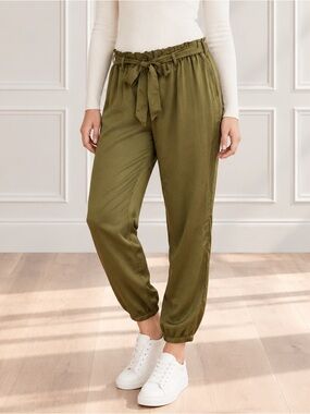 A Pea in the Pod Maternity Satin Jogger Pants Large Olive Underbelly Sash NWT